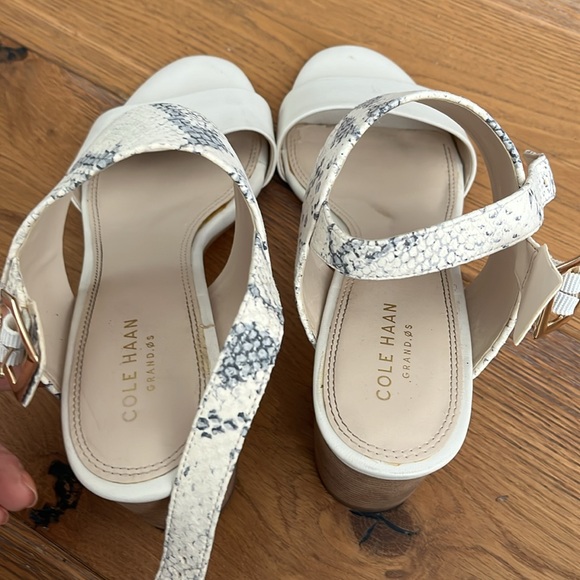 Cole Haan sandals 3 inch 
Gray white snakeskin buckle strap 
Size 7.5 - Picture 2 of 4